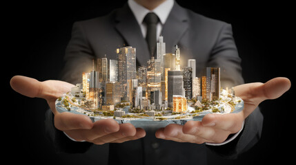 Businessman suit holds miniature cityscape his hands, showcasing blend of modern skyscrapers and greenery. scene conveys innovation and urban development, highlighting potential of city planning