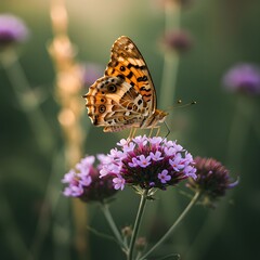 Obraz premium Macro close up of a colorful butterfly resting on wildflowers, vibrant nature background, perfect for spring and summer themes.