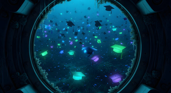A surreal view from a submarine porthole shows a school of glowing multi-colored graduation caps swimming like fish in the deep ocean symbolizing a sea of knowledge or future paths.