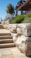 Outdoor stone steps and retaining wall, sunny patio