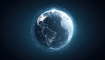 Glowing earth with a network overlay shows connection of the world, set against a dark blue backdrop