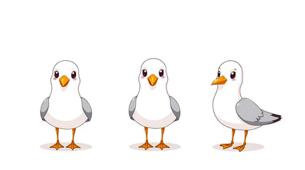 Naklejka premium Cute seagull characters set. Isolated on white background. Cartoon hand drawn vector illustration.