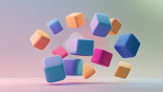 A collection of colorful, pastel-toned cubes floating and arranged dynamically against a soft, blurred gradient background.