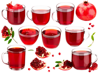 set of pomegranate juice and fruits