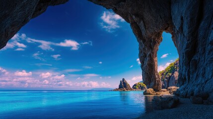 Scenic coastal view from a cave, showcasing vibrant blue waters and rocky formations under a clear sky