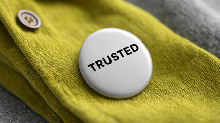 Trusted badge pin on yellow fabric, symbolizing reliability.