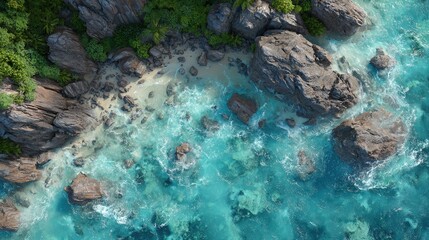 Aerial view of tropical island coast: Clear sea and rocky beach