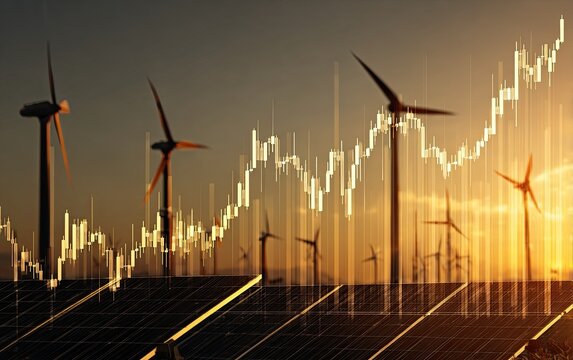 Wind turbines and solar panels overlaid with rising stock charts at sunset
