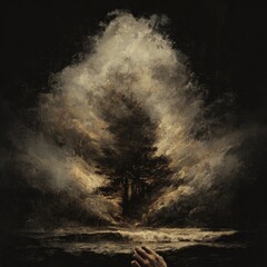 A hand reaching toward a stylized, dark tree shrouded in a dramatic, light-toned cloud-like mist over water