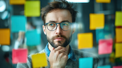 Thoughtful man contemplating ideas behind colorful sticky notes in modern workspace, showcasing creativity and innovation in collaborative environment