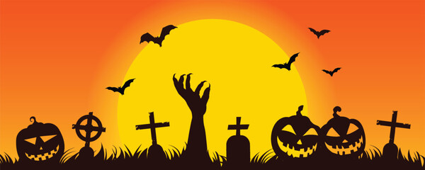 A spooky Halloween background vector illustration with cemetery silhouettes, pumpkins, flying bats, and zombie hands, on orange-yellow sunset