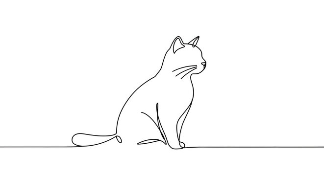 Minimalist line drawing of a seated cat in profile, black on white.