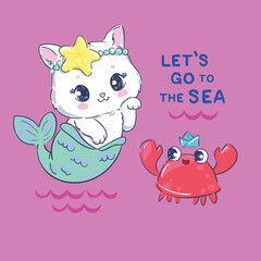 Hand Drawn Cute Cat Mermaid Cartoon Illustration Vector Kids print
