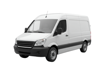 White delivery van parked on a city street with blurred buildings in the background, isolated on white background