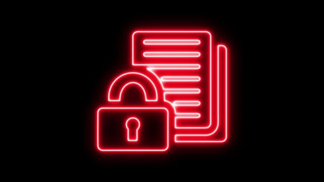 Document icon and padlock icon with neon effect. Glowing neon line user profile document with lock icon. cyber security, depicting a lock symbolizing protection,