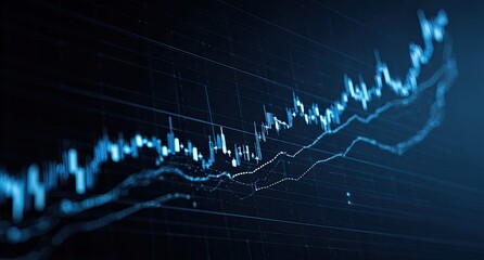 Dark screen displays stock market data.  Complex chart with lines and points showing fluctuating values
