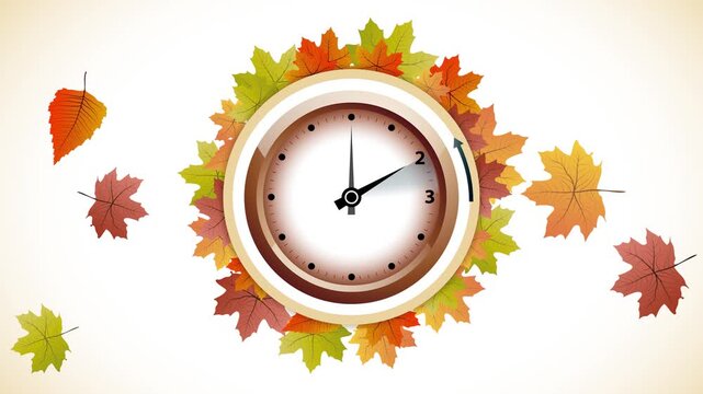 Animated illustration of a clock showing the time change when daylight savings time ends in the fall