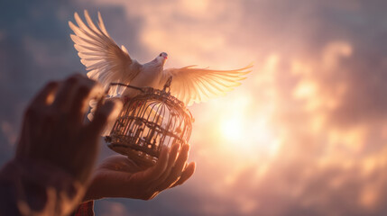 White dove is being released from birdcage, symbolizing freedom and hope. warm, golden light of sunset creates serene and uplifting atmosphere, enhancing emotional impact of scene