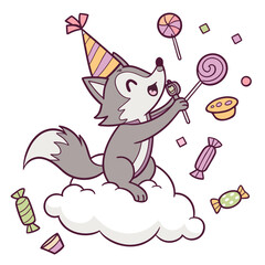 Vector illustration of a Mischievous Wolf with on a cloud swing, styled in a Birthday theme using Candy Shop colors