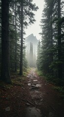 Fototapeta premium Misty forest path through evergreen trees