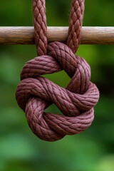 A close-up of a beautifully tied brown knot on a wooden beam, ideal for representing concepts like unity, strength, or connection in design, therapy, or educational materials,