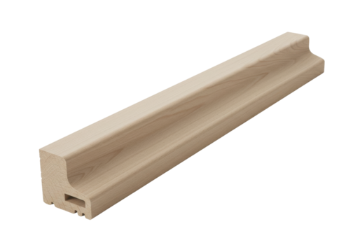 Smooth wooden molding piece resting on a plain background, ideal for interior design projects, isolated on white background