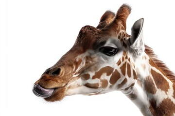Naklejka premium Close-up of a giraffe's head and neck, spotted coat, pink tongue protruding