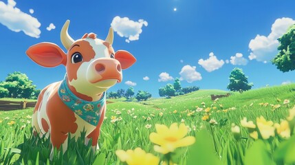 Cartoon cow illustration farm animal in field with flowers and blue sky game asset render artwork