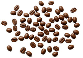 Obraz premium A close-up view of scattered coffee beans on a dark surface, showcasing their rich texture, isolated on white background