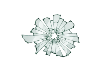 Shattered glass explosion radiating outward, set against a stark black background, isolated on white background