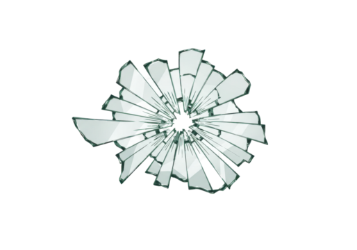 Shattered glass explosion radiating outward, set against a stark black background, isolated on white background