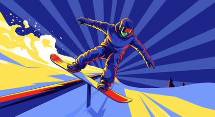 An illustration of a snowboarder in mid-air, grinding a rail with a dynamic blue and yellow sunburst background.