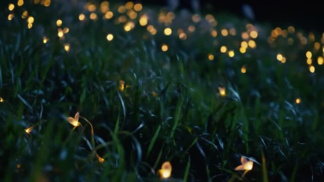 magical fireflies illuminate night grass bokeh background