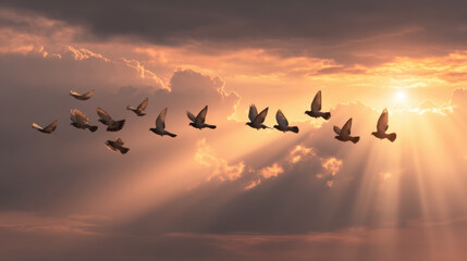 Flock of birds gracefully flies across dramatic sky filled with clouds and rays of sunlight. scene evokes sense of freedom and tranquility, highlighting beauty of nature