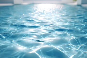 Fototapeta premium Rippling blue water, surface sparkling with reflected sunlight, near a blurred white ledge