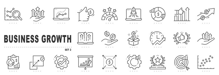 Business growth outline icons showing profit, revenue, analytics, KPI dashboards, strategy, marketing, startup launch, productivity, success, vector editable stroke set