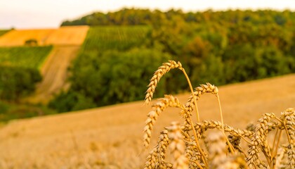 Ripe wheat stalks in foreground, blurred rural landscape in background