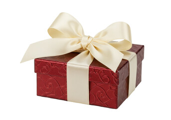 Fototapeta premium Elegant red gift box with a cream ribbon, perfect for celebrations and special occasions, isolated on white background