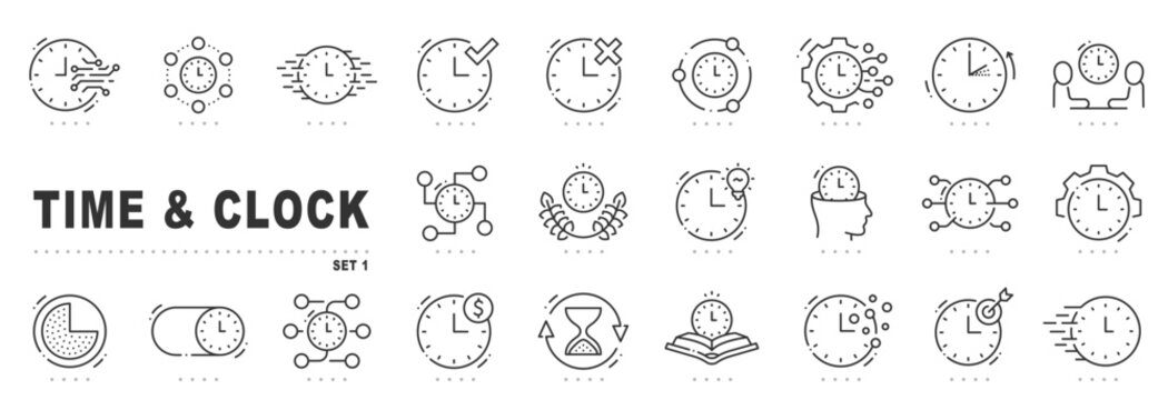 Modern time and clock line icons for schedule, countdown, deadline, stopwatch, hourglass, productivity, meeting, planning, tracking, efficiency, editable stroke outline