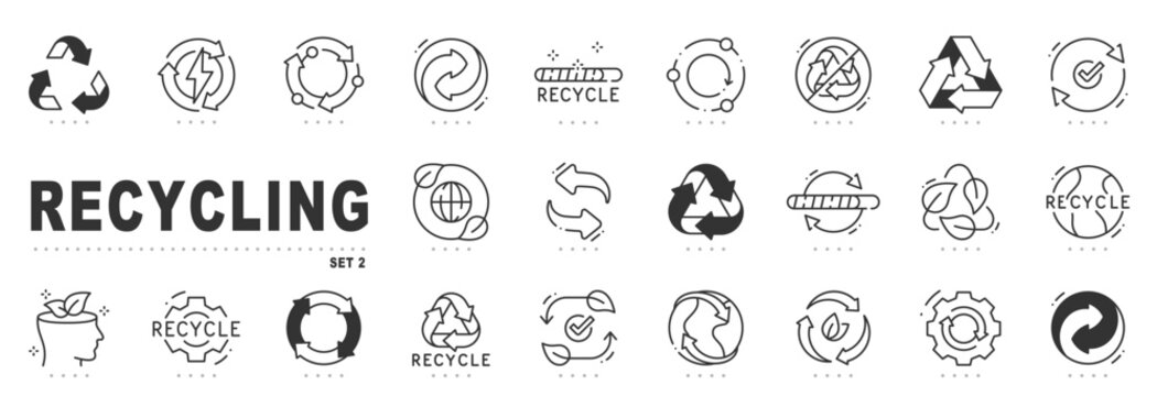 Recycling line icons for sustainability: eco symbols, waste sorting, net zero, zero waste, renewable, circular economy, outline style, editable stroke. Set 2