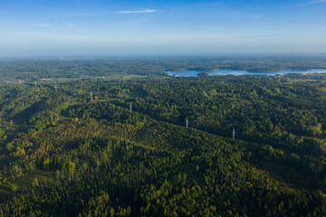 Obraz premium Aerial view of dense green forest and blue lakes in Lithuania landscape on clear summer day, scenic natural environment and countryside panorama