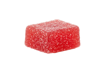 Close-up of a vibrant red gummy candy coated in sugar on a clean background, isolated on white background