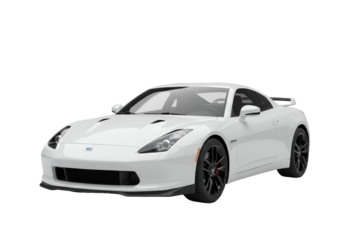Sleek white sports car parked on a city street with urban skyline in the background, isolated on white background