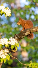 Obraz premium Red Squirrel on Branch, Spring Blossoms