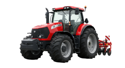 Red agricultural tractor working in a field with green crops and a clear sky, isolated on white background