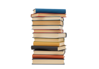 A colorful stack of books in a well-lit space, showcasing diverse genres and styles, isolated on white background