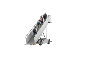 Group of travelers ascending an airport boarding stairway with luggage in tow, isolated on white background