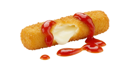 Delicious crispy cheese stick drizzled with ketchup, isolated on white background