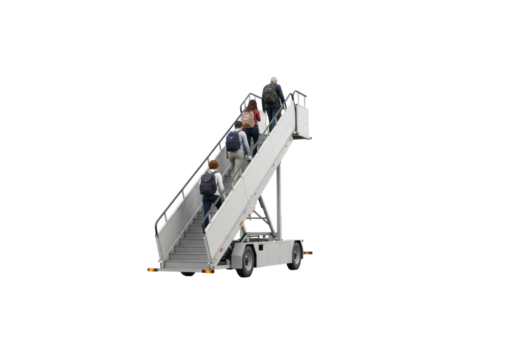 Group of travelers ascending an airport boarding stairway with luggage in tow, isolated on white background