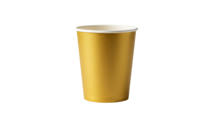 A vibrant golden paper cup on a clean surface, ideal for beverages at events, isolated on white background